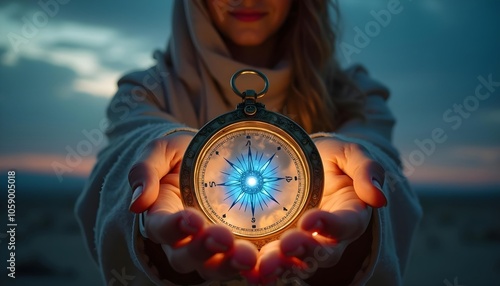 A circular device compass glowing in one person's hand, against a cloudy weather background photo