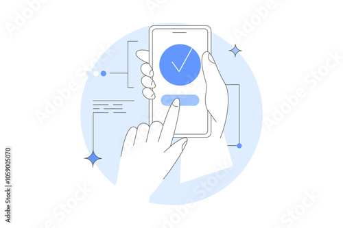 Hand holding mobile phone with Check mark. Tick on smartphone screen. Character finger. Completed task, done payment. Business concept. Isolated Vector Illustration, icon. Stylish, Minimalist line