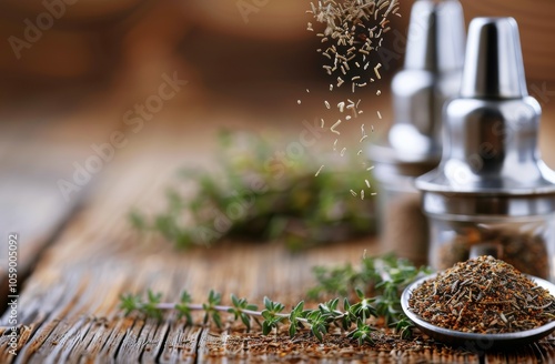 Dried Herbs Pouring Onto Wooden Surface