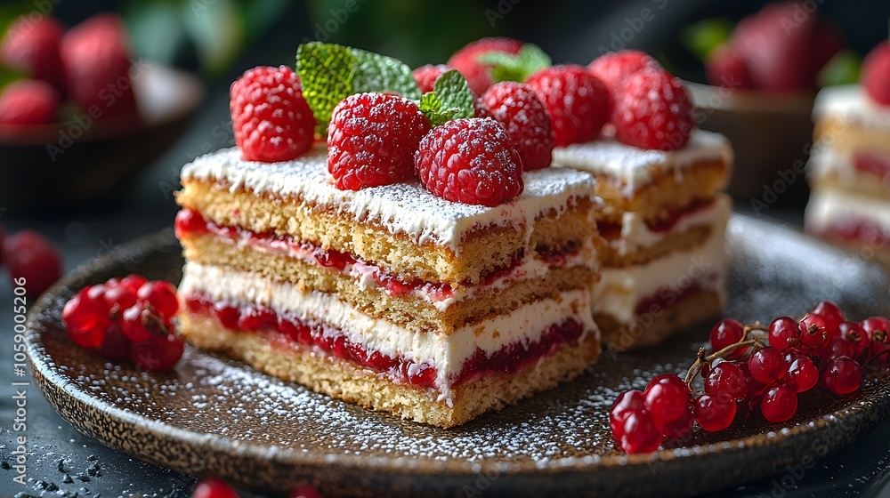 Delicious raspberry layered cake with fresh berries and mint on dark plate Delicious raspberry layered cake with fresh berries and mint on dark plate