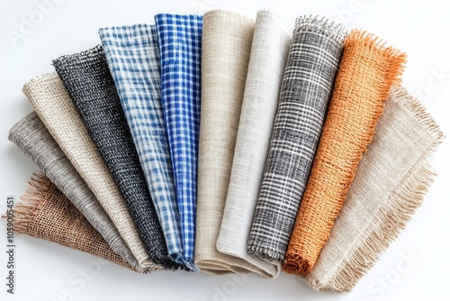 Various natural fabrics including linen, cotton, wool, and silk are beautifully arranged in a fan. These textiles showcase an array of neutral tones and textures, highlighting the quality and diversit photo