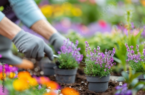 Gardener Planting Purple Flowers