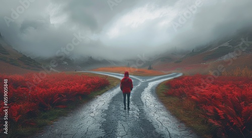 Solitary Figure Walking Down a Winding Road in a Stormy Landscape