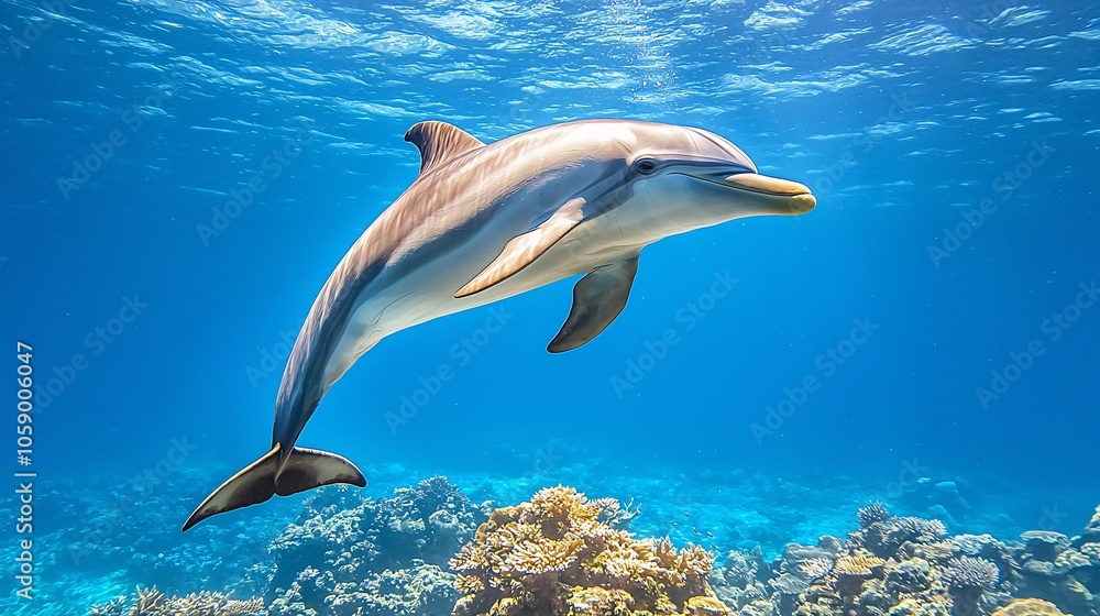 Obraz premium A graceful dolphin swims among vibrant coral reefs in clear blue waters, showcasing the beauty of marine life.