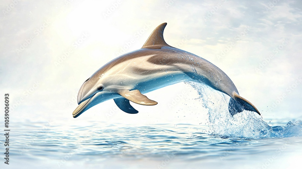 Fototapeta premium A dolphin leaps gracefully from the ocean, creating a splash as it breaks the surface in a serene, tranquil setting.