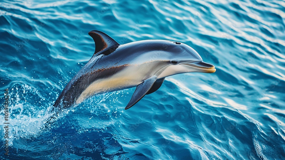 Obraz premium A dolphin leaps gracefully out of the sparkling blue ocean, showcasing its sleek body against the shimmering water.