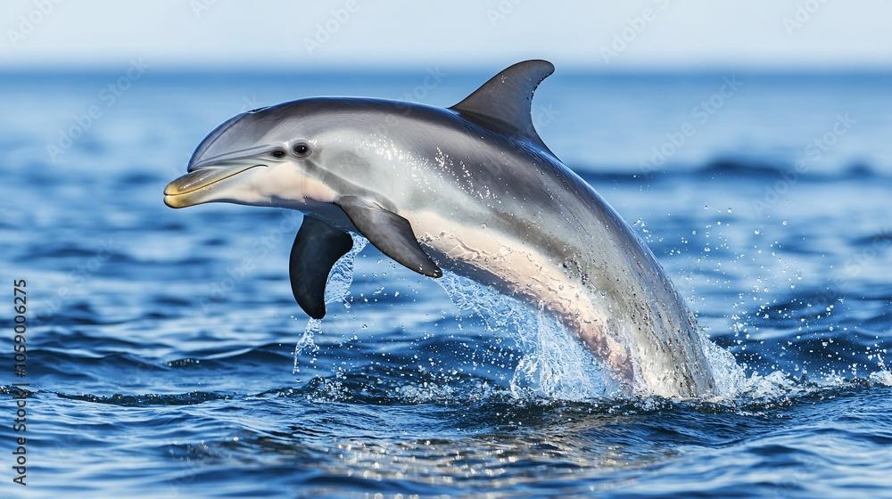 Fototapeta premium A dolphin leaps gracefully out of the water, creating splashes against a serene ocean backdrop, showcasing its agility and beauty.