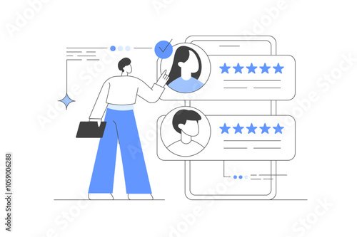 Online Survey and Rating. Mobile smart phone with review rating. Reviews stars with good and bad rate and text, concept of testimonials messages, notifications, feedback. User Experiences Concept.
