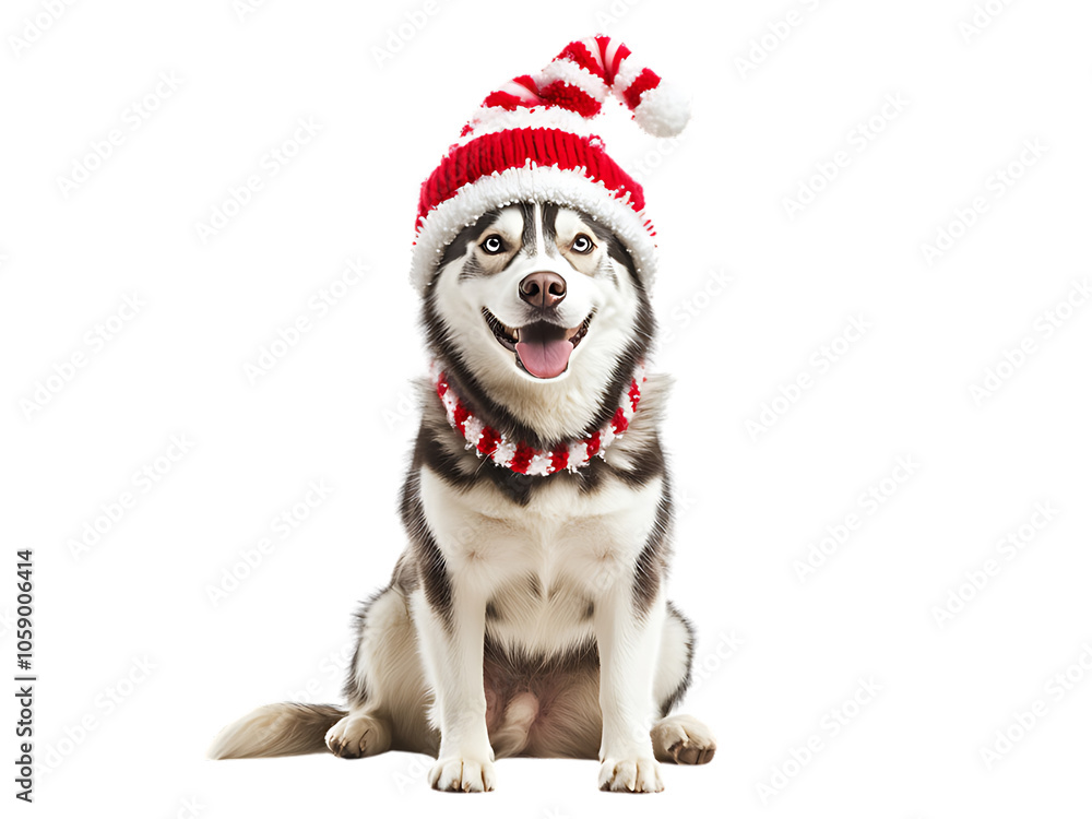 Siberian Husky Dog in Christmas Day Festival wearing Candy cane hat sitting with a happy isolated on transparent background PNG Siberian Husky Dog in Christmas Day Festival wearing Candy cane hat sitting with a happy isolated on transparent background PNG