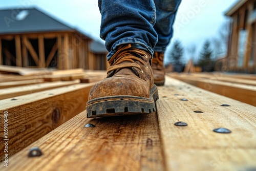 Uncareful worker steps on a nail in a wooden plank, close-up photo