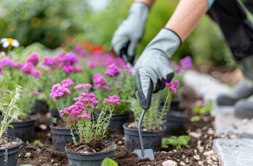 Gardener Planting Purple Flowers