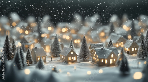 Christmas Village in Snow with Warm Lights and Snowflakes