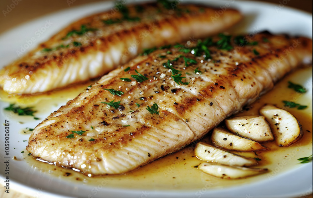 A plate of cooked fish with herbs and garlic, served with a sauce. The fish has a golden brown crust. A plate of cooked fish with herbs and garlic, served with a sauce. The fish has a golden brown crust.
