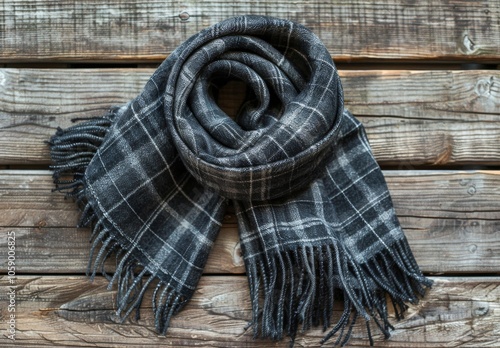 Black and Grey Plaid Scarf With Fringes on Rustic Wooden Background