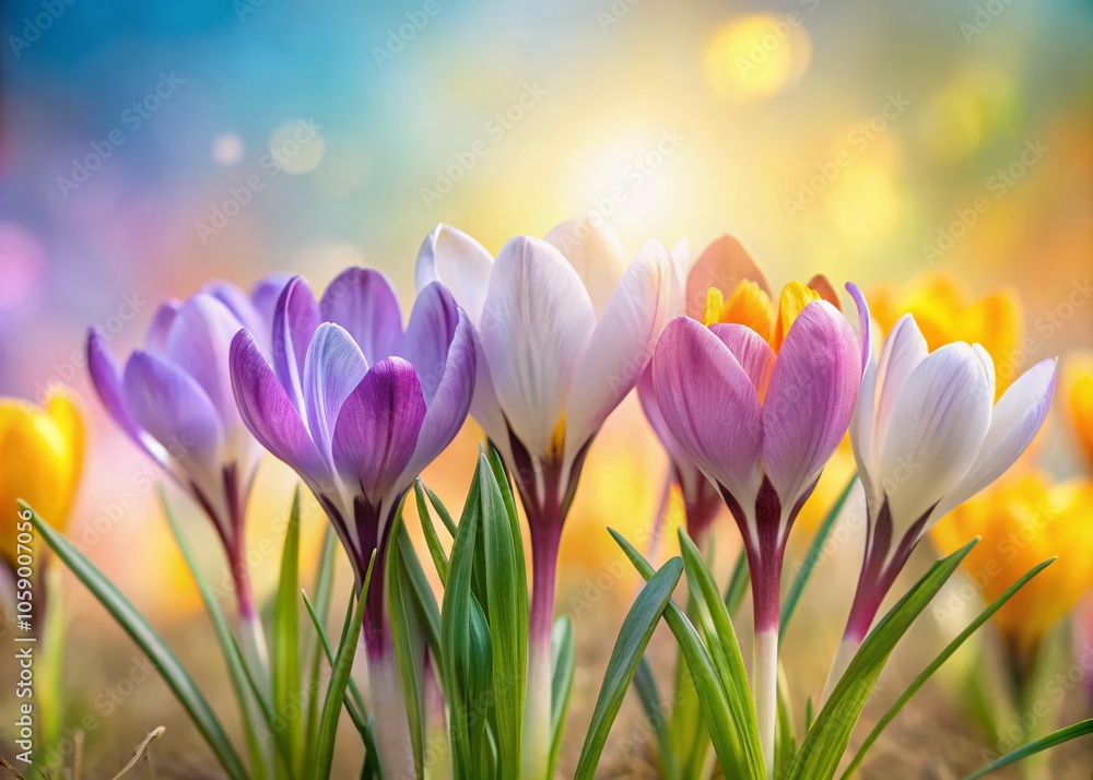 Pastel crocuses burst forth, a cheerful springtime canvas for your words. Pastel crocuses burst forth, a cheerful springtime canvas for your words.