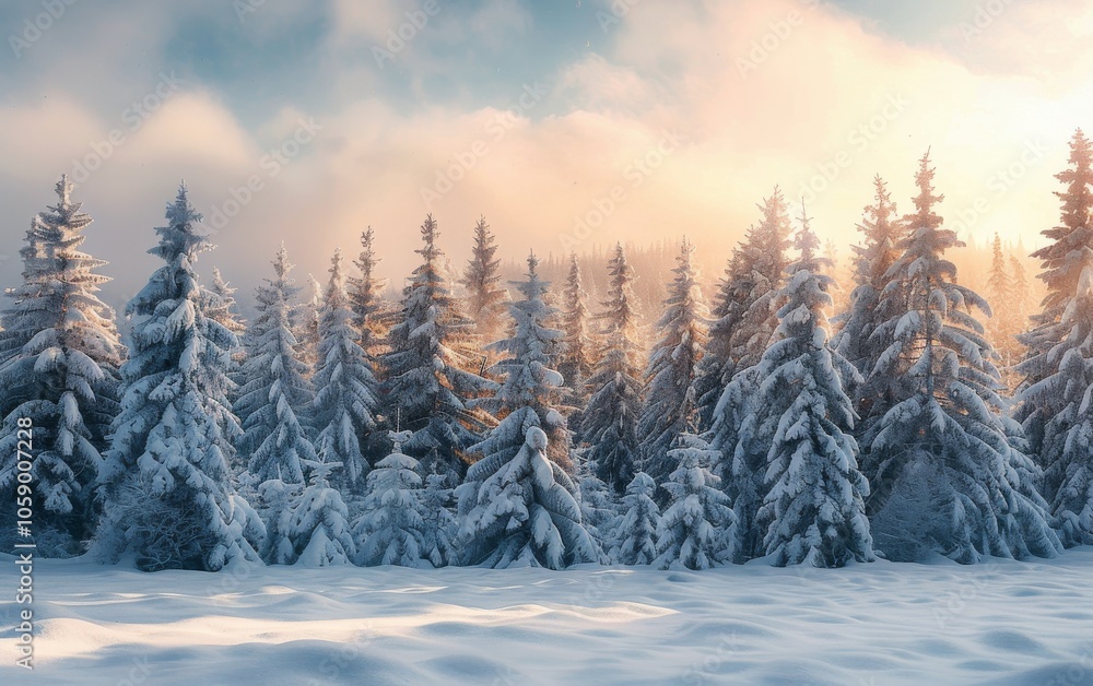 Naklejka premium Snow Covered Pine Forest at Sunset in Winter