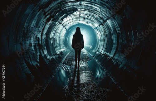 Silhouette of a Person Standing in a Dark Cave With a Light at the End