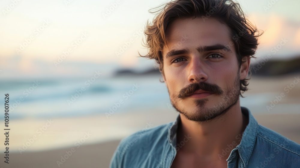 portrait of a young caucasian man with a stylish moustache, casually posed with a beautiful beach and soft waves in the background, evoking a laid-back and adventurous vibe portrait of a young caucasian man with a stylish moustache, casually posed with a beautiful beach and soft waves in the background, evoking a laid-back and adventurous vibe