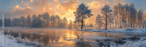Frosty Pine Trees Reflecting in Frozen River at Sunrise
