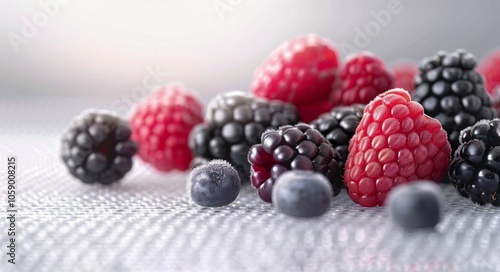 Blackberries and Raspberries on White Background