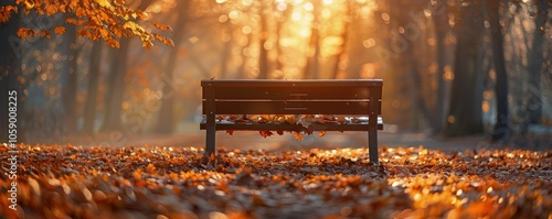 Empty Bench In Autumn Forest During Sunset
