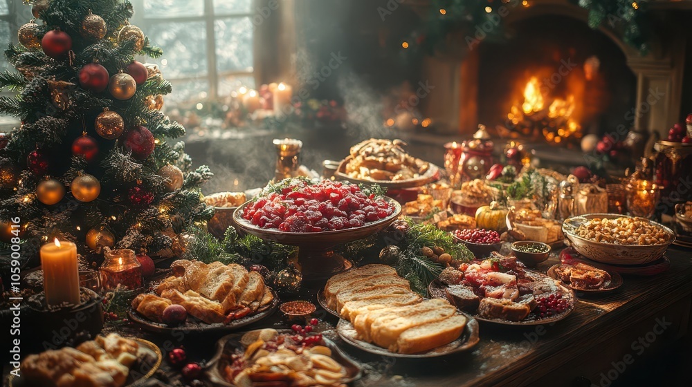 Fototapeta premium warm and inviting christmas table setting brimming with festive food. the scene is beautifully arranged with seasonal decorations, creating a cozy atmosphere for holiday gatherings and celebrations