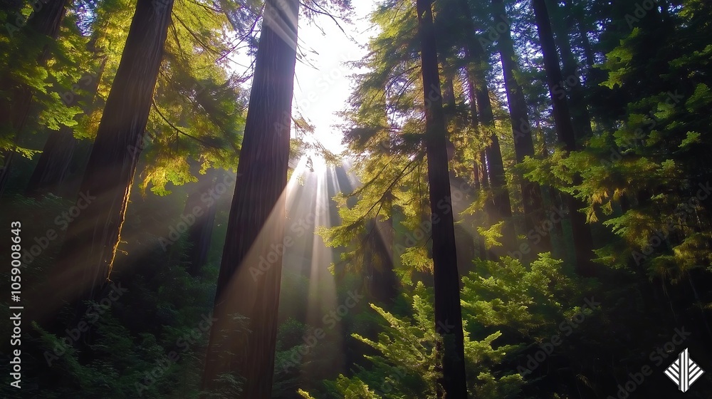 Tall redwood trees in a foggy forest with gentle sunlight streaming through the branches Tall redwood trees in a foggy forest with gentle sunlight streaming through the branches