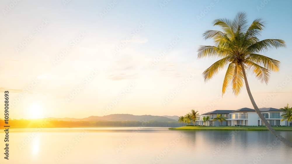 Serene lakeside sunset with palm trees and modern homes Serene lakeside sunset with palm trees and modern homes