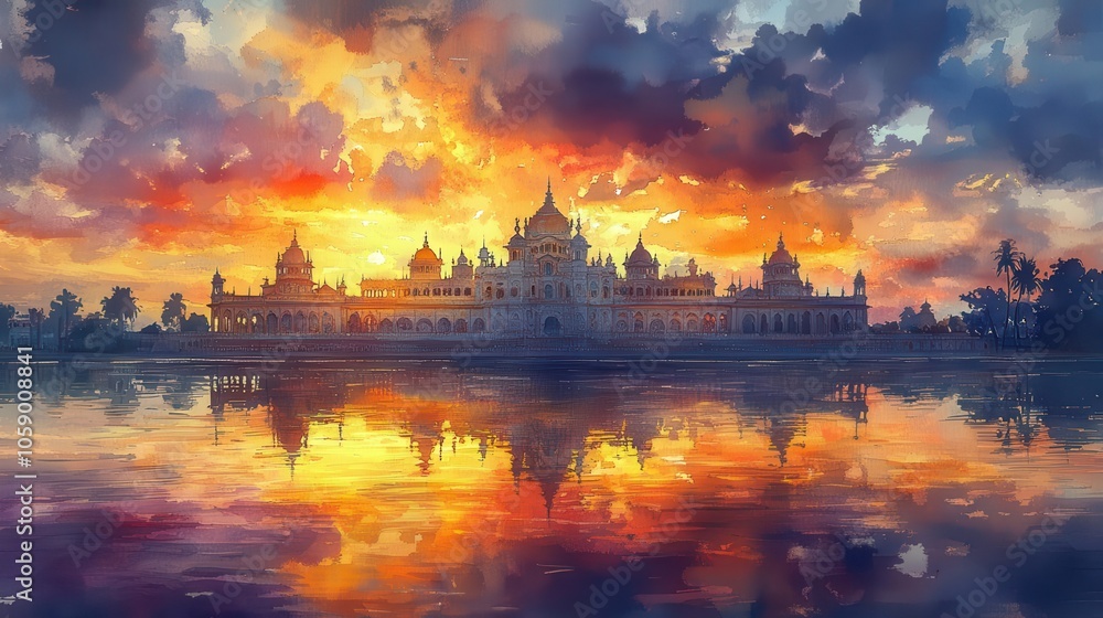 Obraz premium watercolor illustration capturing the mysore palace silhouette against a breathtaking sunset, enveloped in vibrant hues of orange, purple, and gold, embodying cultural richness