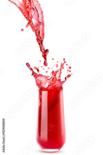 Flow of red cherry juice pour in drinking glass with bright splashes, drops flying isolated on white background. Summer berries drink with splashing for advertising, design, flyer, card, poster.