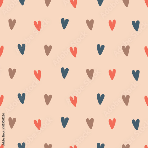 Seamless pattern with hand-drawn pastel hearts, a symbol of love, perfect for textiles, wrapping paper, and Valentine's Day decorations.