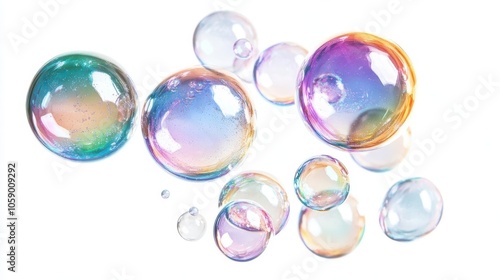 realistic depiction of delicate soap bubbles glistening in the light, showcasing a spectrum of rainbow reflections on their surfaces. isolated on a pristine white backdrop for clarity