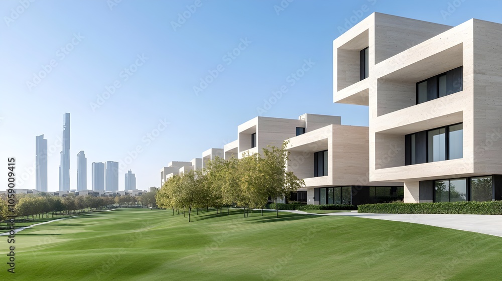 Modern architecture overlooking a lush golf course Modern architecture overlooking a lush golf course