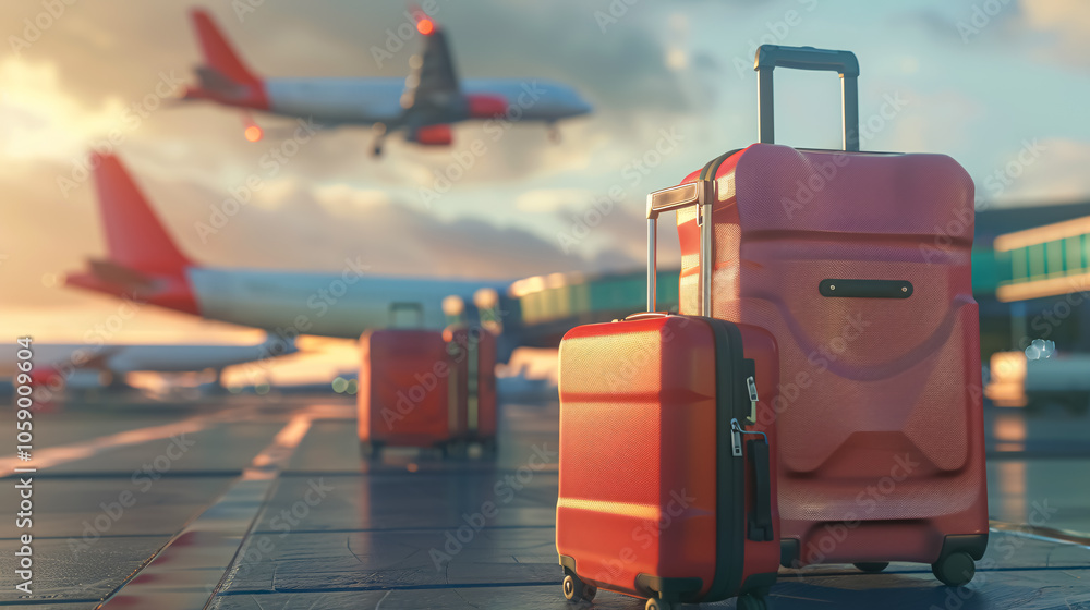 Travel Luggage and Airplane on the Airport Runway: Concept of Travel and Vacation Travel Luggage and Airplane on the Airport Runway: Concept of Travel and Vacation