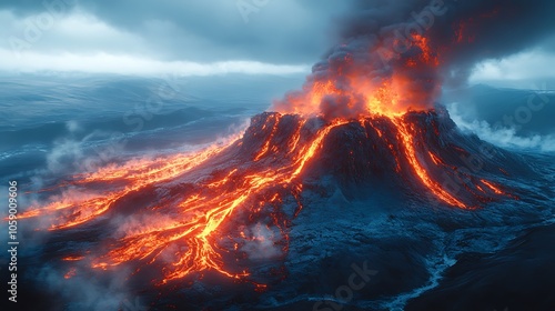 An aerial view of a volcano erupting with lava flowing down the mountainside.