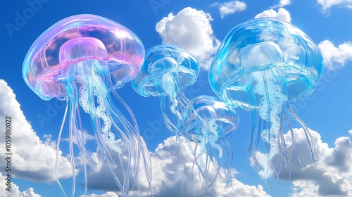 Jellyfish floating in the sky like clouds, creating a dreamlike underwater and sky fusion.  photo