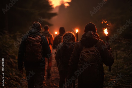 Hikers Walking Through a Forest with Torches at Sunset, Silhouetted Against Golden Light
