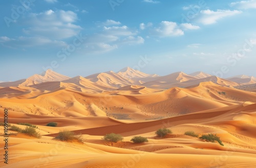 A Vast Desert Landscape Under a Blue Sky With Puffy White Clouds