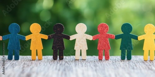 Colorful paper figures hold hands, symbolizing unity and diversity on a blurred natural background.