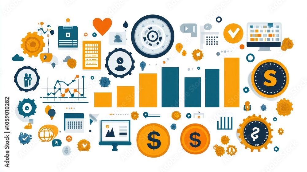 Business success concept illustration with icons related to finance, strategy, marketing, and growth. Business success concept illustration with icons related to finance, strategy, marketing, and growth.