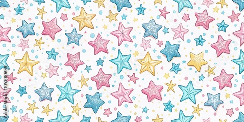 Seamlessly repeating pattern of hand-drawn stars, offering a cute and abstract background design.