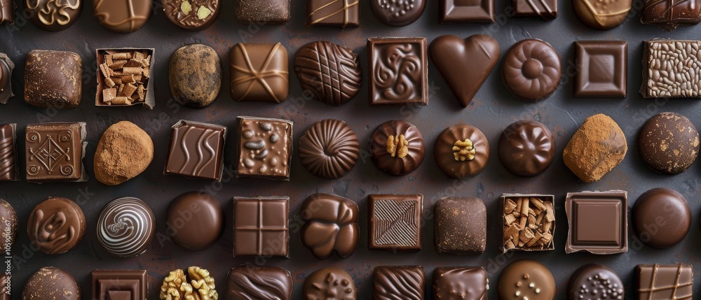Assortment of Gourmet Chocolate Candies Arranged on a Dark Surface Assortment of Gourmet Chocolate Candies Arranged on a Dark Surface