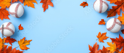 Baseball and Autumn Leaves on Blue Background.