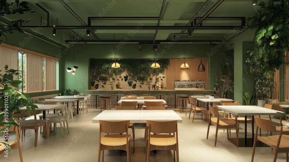 Inviting family restaurant with green walls, white tables, and cozy lighting, offering a fresh, welcoming space for meals and gatherings Inviting family restaurant with green walls, white tables, and cozy lighting, offering a fresh, welcoming space for meals and gatherings