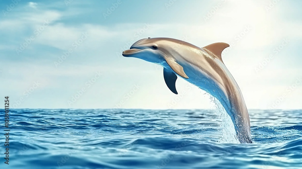 Obraz premium A dolphin leaps out of the ocean, showcasing its graceful movement against a serene backdrop of water and sky.