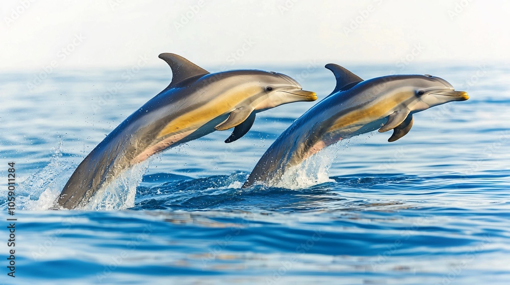 Fototapeta premium Two dolphins leap from the sparkling blue ocean, showcasing their agility and playful nature against a serene backdrop.