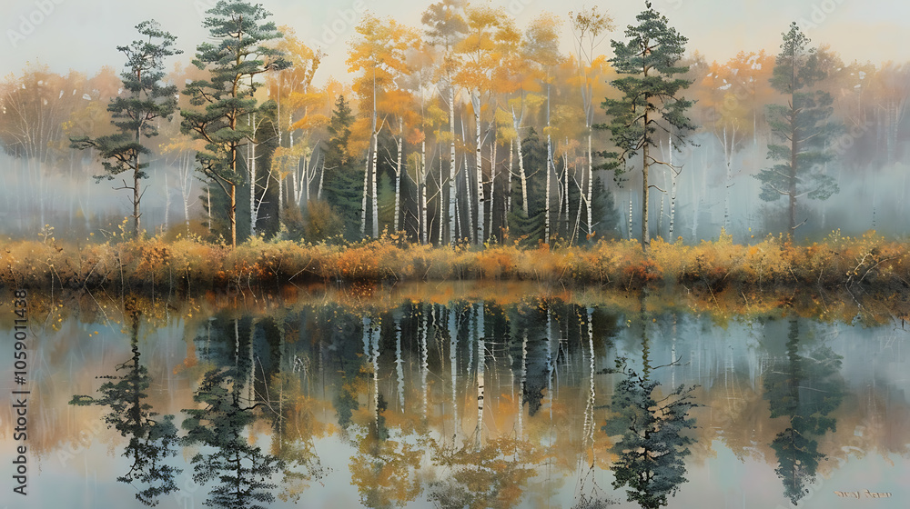 nature landscape art, birch and pine trees reflected in a misty pool on a detailed autumn day as the sun peeks through the fog with intricate realism nature landscape art, birch and pine trees reflected in a misty pool on a detailed autumn day as the sun peeks through the fog with intricate realism