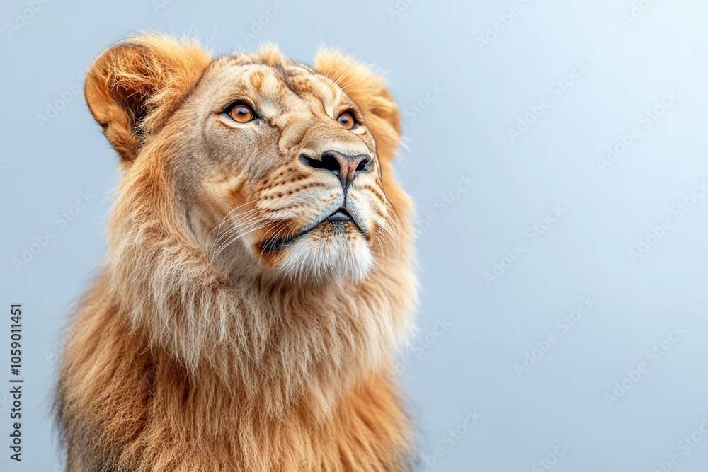 Fototapeta premium This majestic lion, with its smooth golden fur, stands proudly against a bright blue backdrop. The heroic view from below captures the lions regal expression and striking features in stunning detail.