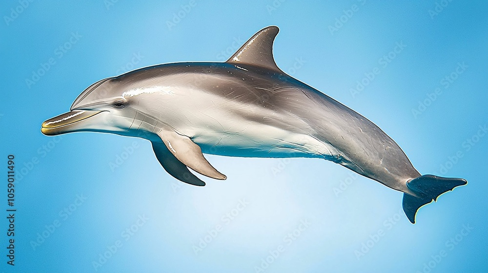 Fototapeta premium A dolphin swims gracefully in blue waters, showcasing its streamlined body and playful nature, embodying the beauty of marine life.