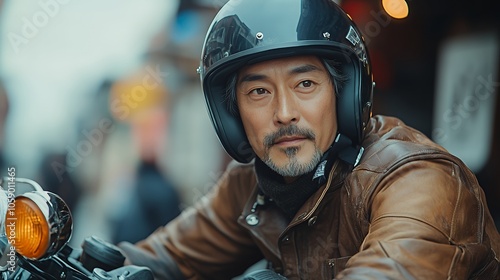 A mature man in a leather jacket and helmet sits on a motorcycle looking directly at the camera.